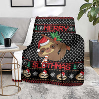 Black Christmas throw blanket with large sloth face, 'Merry' and 'Slothmas' lettering