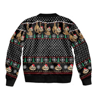 Black unisex bomber jacket with ribbed hem and allover sloth Christmas pattern, back view