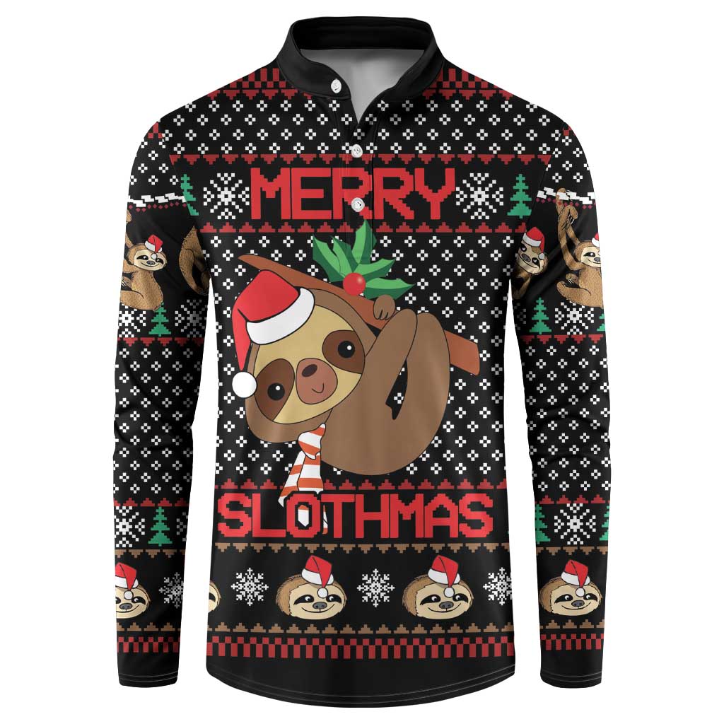 Black button-up sweatshirt with Merry Slothmas sloth graphic and fair isle pattern