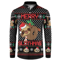 Black button-up sweatshirt with Merry Slothmas sloth graphic and fair isle pattern