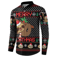 Black button-up sweatshirt with large sloth face and Merry Slothmas text