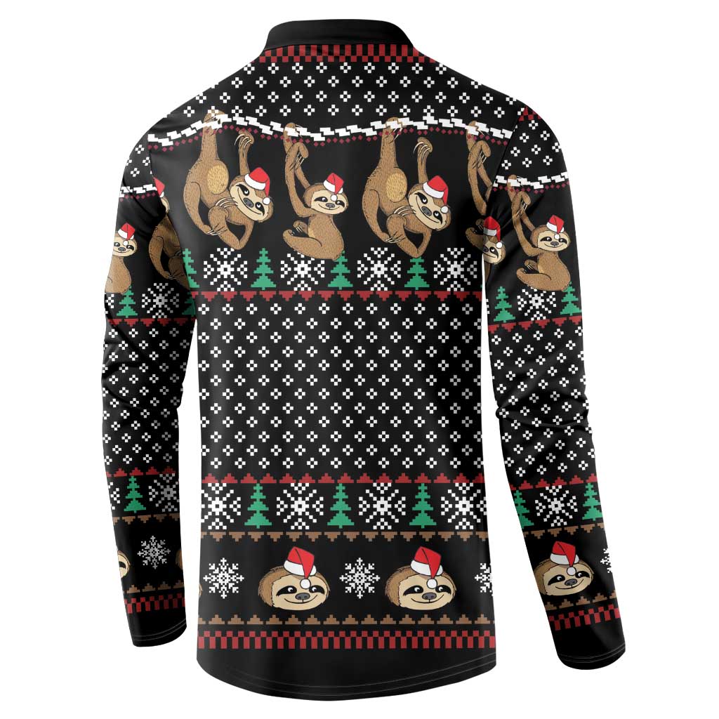 Black button-up sweatshirt back with sloth and snowflake fair isle holiday pattern