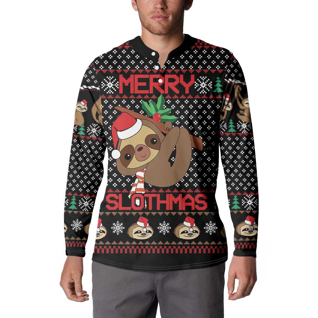 Black button-up sweatshirt with sloth graphic, Merry text across chest, long sleeves