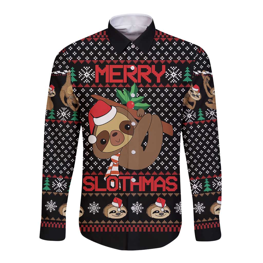 Long-sleeve sloth Christmas button shirt with festive front graphic and button-up collar