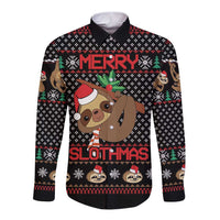 Long-sleeve sloth Christmas button shirt with festive front graphic and button-up collar