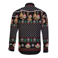 Long-sleeve sloth Christmas button shirt, all-over back pattern with trees and snowflakes