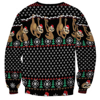 Black crewneck sweatshirt with sloth faces back print and holiday knit pattern