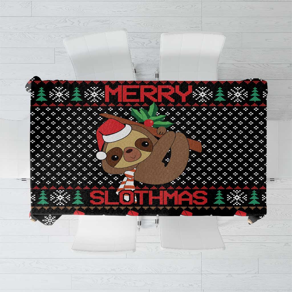 Black Christmas tablecloth with sloth faces and holiday pattern border