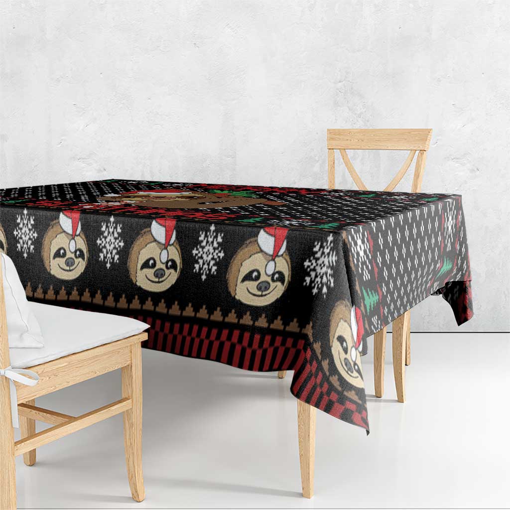 Black sloth-themed Christmas tablecloth with red plaid trim and cartoon faces