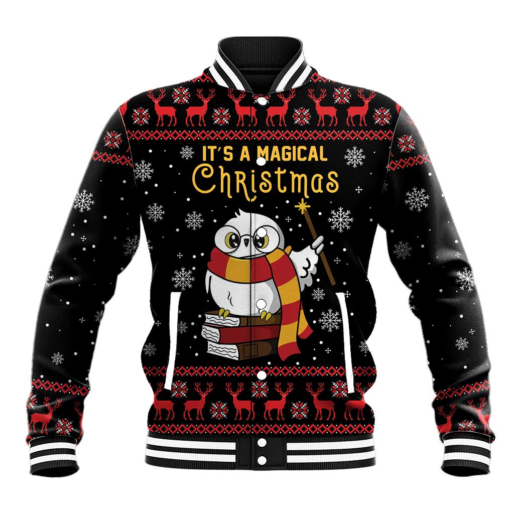 Black unisex baseball jacket with festive owl, Christmas lettering, snowflake and reindeer print