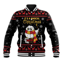 Black unisex baseball jacket with festive owl, Christmas lettering, snowflake and reindeer print