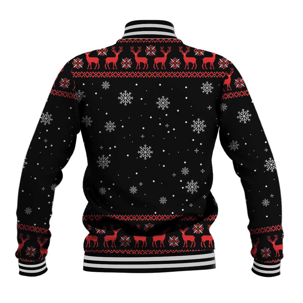 Black unisex baseball jacket back with snowflake dot pattern, reindeer border, striped ribbed hem