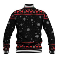 Black unisex baseball jacket back with snowflake dot pattern, reindeer border, striped ribbed hem