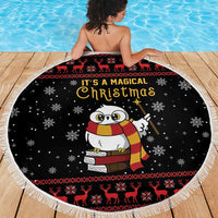 Black round Christmas beach blanket with owl and gold 'It's a Magical Christmas' text, fringe