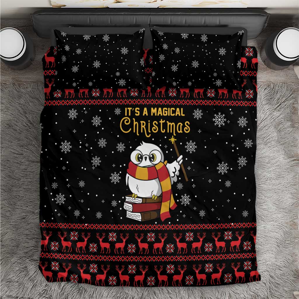 Black Christmas bedding set with owl, snowflakes, and red reindeer border