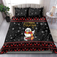 Black Christmas bedding set with owl front, snowflakes, red reindeer border, and two matching pillows