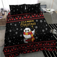 Black Christmas bedding set with owl holding book, Magical Christmas text, snowflakes, red border