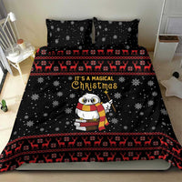 Black Christmas bedding set with owl, snowflake print, red reindeer band, and decorative word art