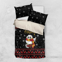 Black Christmas bedding set with owl scene, snowflakes, red reindeer stripe, and pillowcases