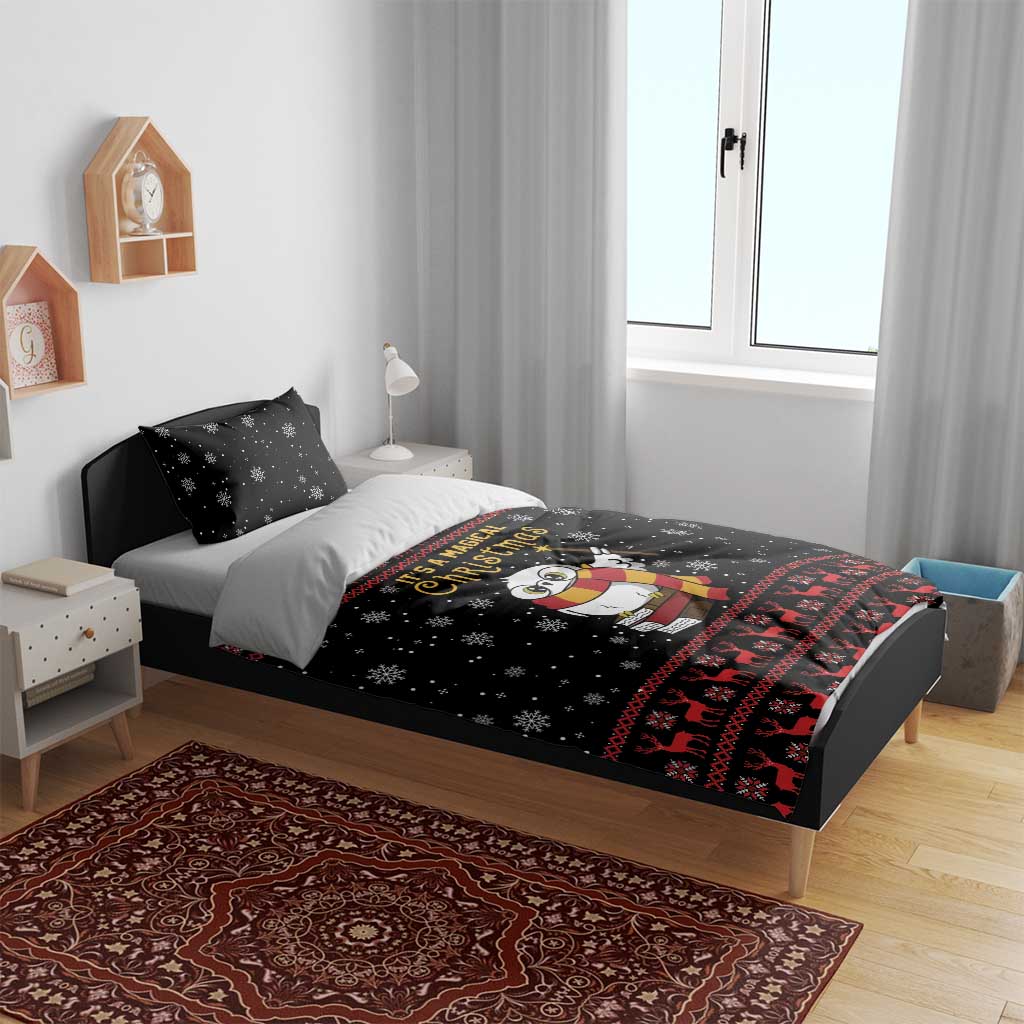 Black Christmas duvet cover set with owl, snowflake pattern, and red reindeer border