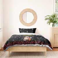Black Christmas bedding set with owl illustration, “Magical Christmas” text, snowflakes, red reindeer trim