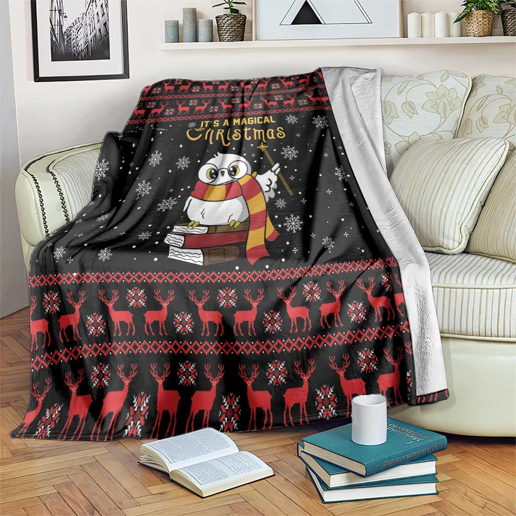 Black Christmas blanket with owl holding book, reindeer border, snowflakes and “It’s a Magical Christmas”