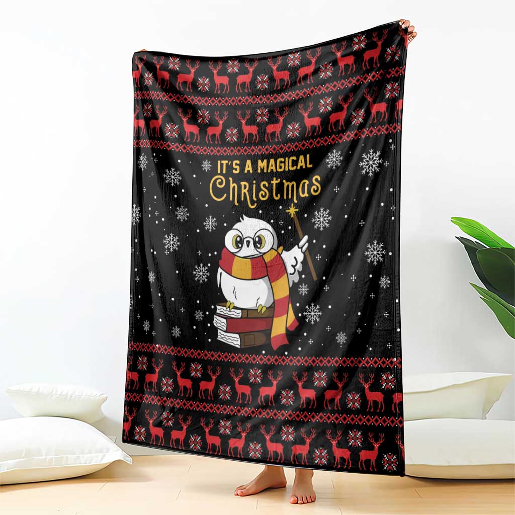 Black Christmas throw blanket with owl character, reindeer strip, snowflakes and “It’s a Magical Christmas”
