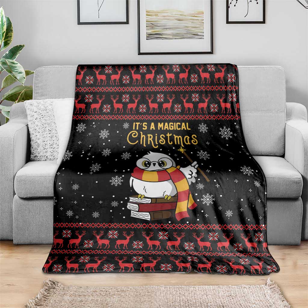 Black Christmas blanket with owl character, reindeer border, snowflake pattern and “It’s a Magical Christmas”