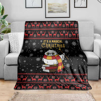 Black Christmas blanket with owl character, reindeer border, snowflake pattern and “It’s a Magical Christmas”