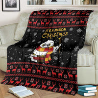 Black Christmas blanket with owl in red scarf, reindeer band, snowflakes and “It’s a Magical Christmas”