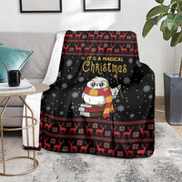 Black Christmas blanket with owl character, reindeer border and snowflakes, “It’s a Magical Christmas” text