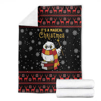 Black Christmas blanket folded stack with owl, reindeer border, snowflakes and “It’s a Magical Christmas”