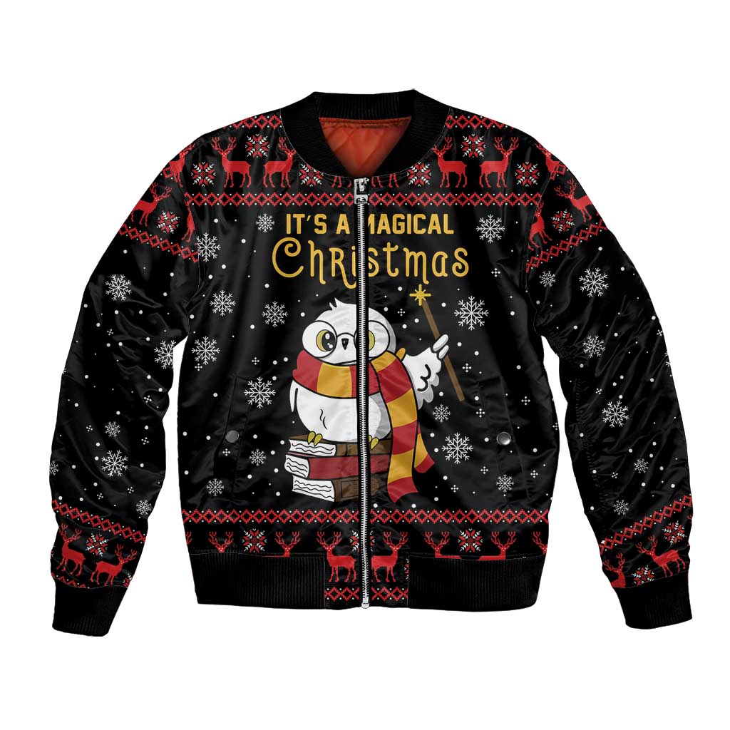 Unisex black bomber jacket with owl festive Magical Christmas front print