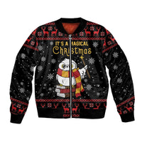 Unisex black bomber jacket with owl festive Magical Christmas front print