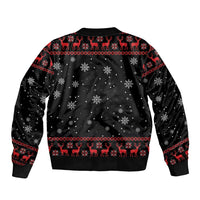 Unisex black bomber jacket with snowflake and reindeer festive back print