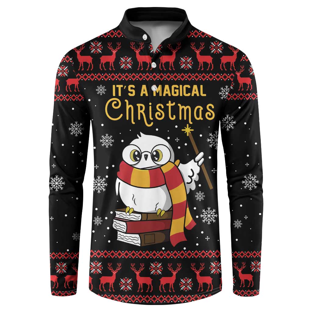 Black Christmas button sweatshirt with large owl graphic, festive text, snowflakes, and reindeer.