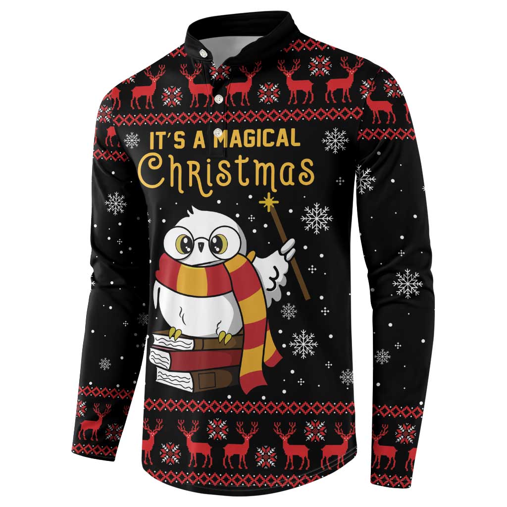 Black Christmas button sweatshirt with owl graphic, reindeer and snowflake print.