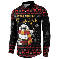 Black Christmas button sweatshirt with owl graphic, reindeer and snowflake print.