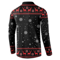 Black Christmas button sweatshirt, back design with snowflake dots and red reindeer border.