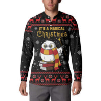 Black Christmas button sweatshirt on model featuring owl graphic and “It’s a Magical Christmas” text.