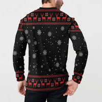 Black Christmas button sweatshirt back view with snowflake pattern and red reindeer hem band.