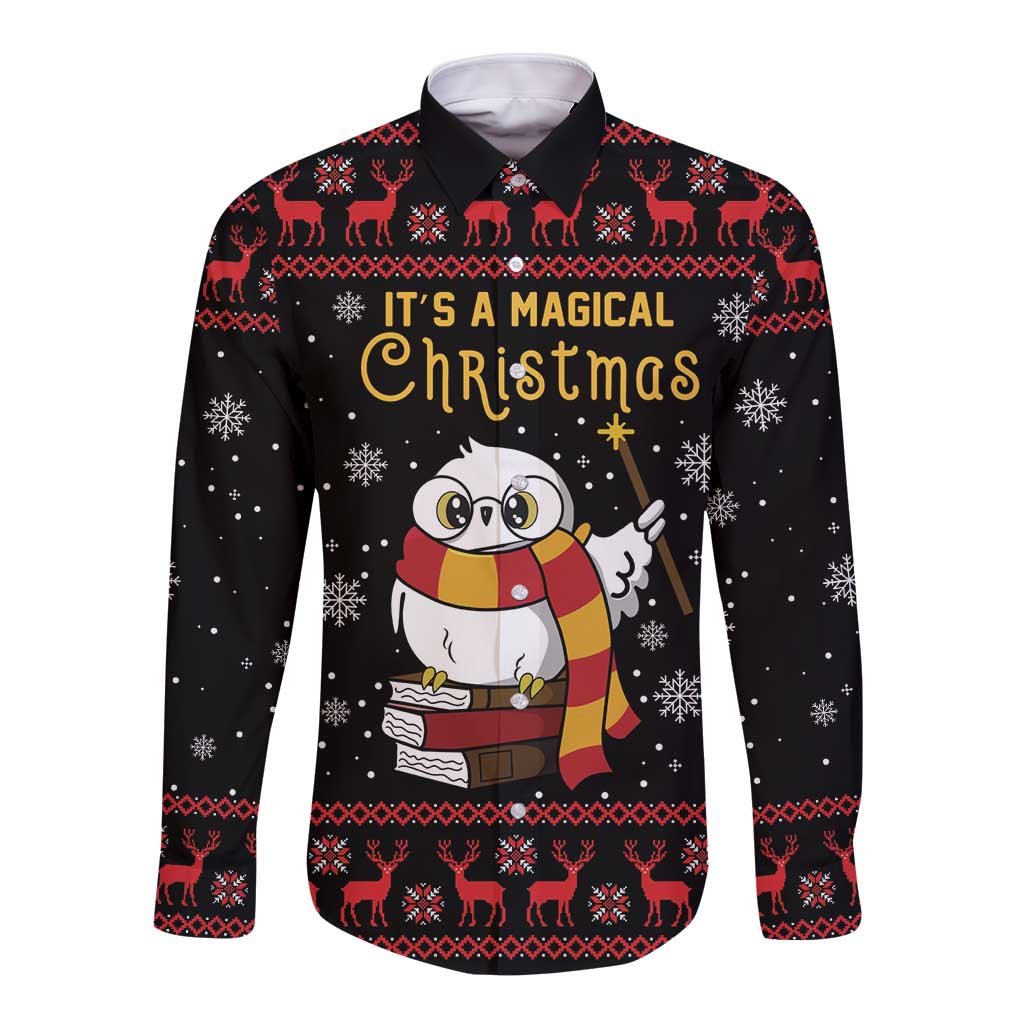 Black long-sleeve button shirt with owl, reindeer and snowflake holiday graphic