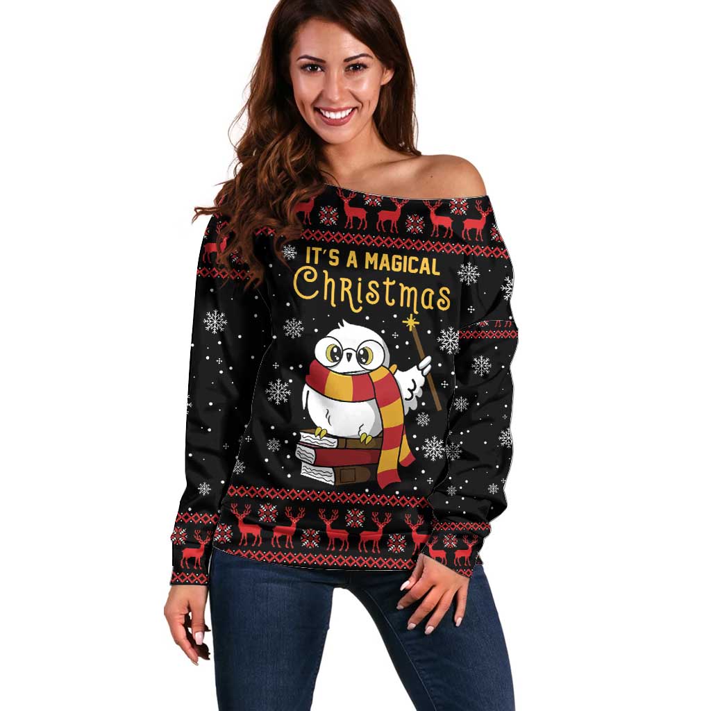 Magical Christmas Off Shoulder Sweater Owl Book Xmas DT04 - Wonder Print Shop