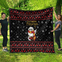 Black quilt blanket with red reindeer trim, diamond stitching, snowflakes, and owl graphic