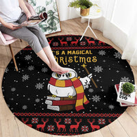Black round Christmas carpet, owl winter illustration with “It’s a Magical Christmas” lettering