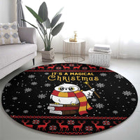 Black round Christmas carpet featuring owl, “It’s a Magical Christmas” text, and reindeer motif