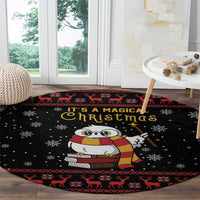 Black round Christmas carpet with owl illustration and “It’s a Magical Christmas” lettering