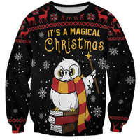 Unisex black Christmas sweatshirt with owl holding a book and festive text