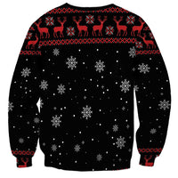 Unisex black Christmas sweatshirt with reindeer yoke and snowflake dotted print