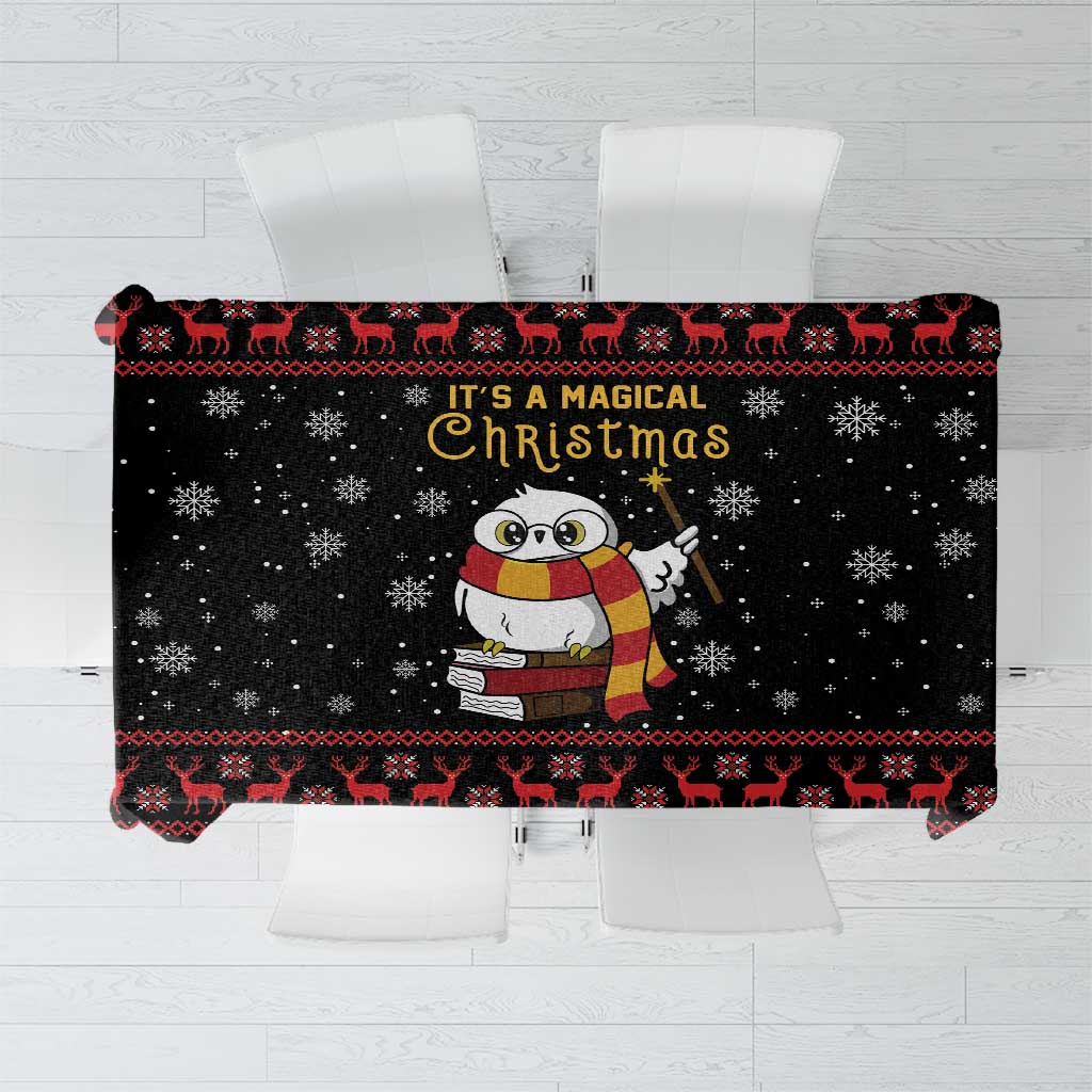 Black Christmas tablecloth with owl, snowflakes, reindeer and red geometric border.